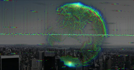 Displaying pixelated globe hovering above urban high rise buildings, showing static noise, code. Futuristic, digital, metropolis, innovation, technology, abstract, cyberの写真素材