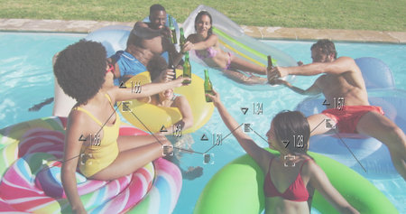 Clinking brown glass beer bottles, group of six floating in backyard pool, with inflatable floats....