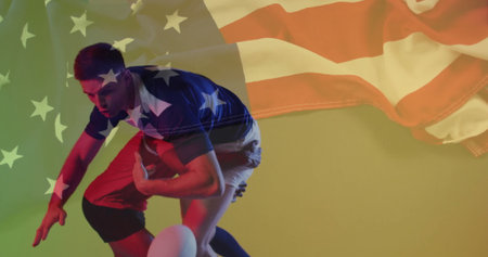 Two male athletes executing tackle in graphic art, with football and flag overlay. Action, rivalry, competition, dynamic, strength, teamwork, patrioticの写真素材