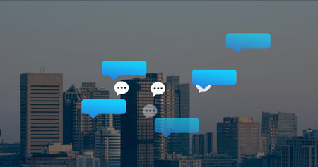 Floating digital chat bubbles hovering above downtown office towers, with messaging theme. Technology, communication, urban, networking, collaboration, innovation, modernの写真素材