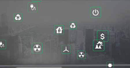 Displaying energy and recycling icons on glass pane showing radiation and emission dollar symbols. Sustainability, eco-friendly, green technology, urban landscape, futuristic, environmental awareness, clean energyの写真素材