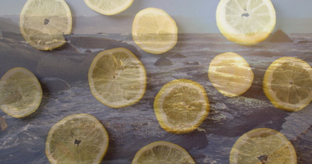 Scattering translucent lemon slices across rocky coastline, revealing foamy ocean waves. Abstract, vibrant, minimalist, coastal, natural, fresh, texturedの写真素材