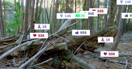 Man wearing camouflage standing behind fallen log in pine woods, floating social icons, copy space....