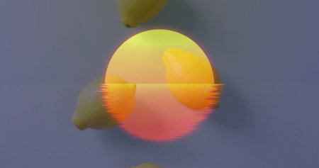 Displaying stylized gradient circle glitching on grey surface, with four bright lemons. Abstract,...