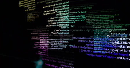 Displaying code snippets and terminal text glowing in virtual console with JavaScript syntax. Cyber, futuristic, abstract, technology, digital, immersive, vibrantの写真素材