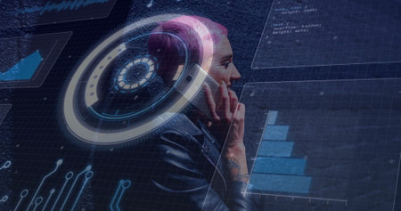 Tech pro wearing leather jacket holding smartphone, talking in dark studio with HUD, copy space. Futuristic, cyberpunk, holographic, digital, high-tech, stylish, innovationの写真素材