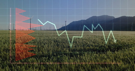 Displaying grid overlay and charts over cereal crops at wind farm, with turbines and mountains. Renewable, sustainability, agriculture, data visualization, modern, eco-friendly, landscapeの写真素材