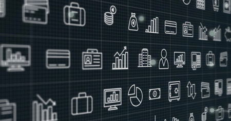 Displaying grid of white line finance icons on dashboard, with bar chart and pie chart icons. Technology, analytics, data visualization, corporate, digital, professional, modernの写真素材