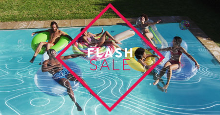Six friends in swimwear floating in backyard pool, with floats, ball and FLASH SALE graphic....