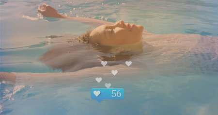 Floating woman in swimsuit at outdoor pool, with heart icons, blue bubble showing 56. Serenity,...