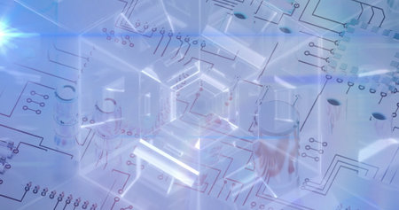 Radiating hexagonal prism casting light in abstract digital circuit board, with capacitors....