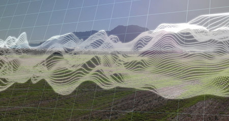 Animating translucent white grid and dotted waves undulating across meadow, with mountain ridge. Digital landscape, data visualization, futuristic, abstract, technology, scenic, innovationの写真素材