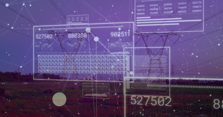 Displaying central pylon streaming data panels in rural field, with numeric readouts, network nodes. Energy infrastructure, digital technology, rural landscape, data visualization, network connectivity, utility corridor, twilightの写真素材