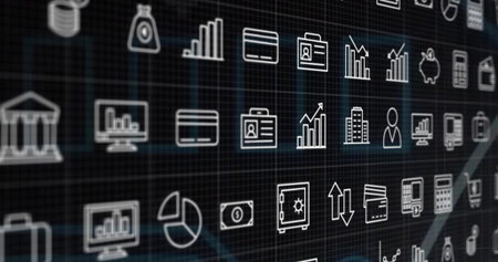 Showing grid of white line icons depicting bank, credit card and piggy bank on dark dashboard. Financial, analytics, technology, data, corporate, digital, investmentの写真素材