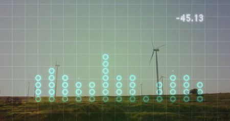 Spinning wind turbines operating on grassy plain, displaying digital grid with data markers. Sustainable, renewable, technology, environmental, futuristic, clean energy, minimalisticの写真素材