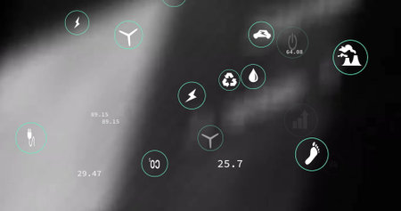 Floating icons in interface, showing lightning bolt, wind turbine, recycling with data labels. Dashboard, data visualization, digital interface, sustainability, renewable energy, technology, information graphicの写真素材