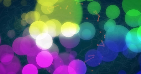 Overlapping neon circles floating over dark backdrop, featuring network lines, constellation marks....