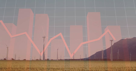 Displaying wind turbines spanning grassy field at mountain base, with translucent financial overlay. Renewables, sustainability, green energy, environmental, technology, finance, industryの写真素材