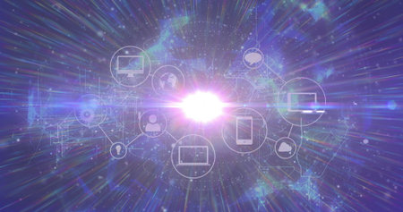 Radiating white light connecting monitor, smartphone, cloud icons in cosmic environment, data flow. Futuristic, digital, connectivity, technology, network, innovation, abstractの写真素材