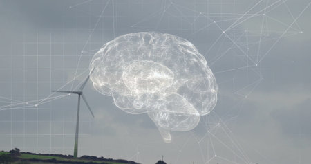 Floating digital brain network hologram hovering above grassy hillside ridge with wind turbine. Futuristic, innovation, technology, connectivity, environment, sustainability, visualizationの写真素材