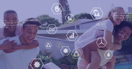 Friends wearing summer outfits riding piggyback in backyard pool area with hex icons, code snippet....