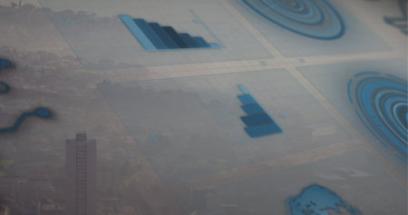 Displaying data panels hovering over city skyline featuring bar charts and circular infographics....