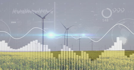 Displaying white wind turbines projecting data graphs across rural canola field, powering analytics....