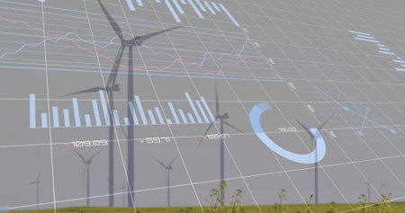 Displaying large wind turbine standing at wind farm, with grid lines, charts and numeric overlays....
