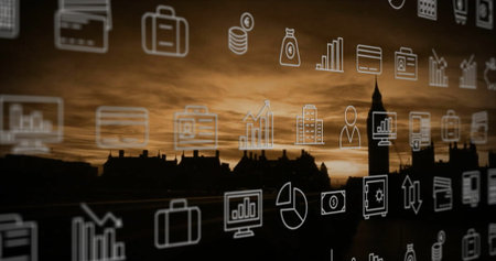 Projecting grid of finance icons like briefcase and bar chart over riverside city skyline at dusk. Technology, innovation, skyscraper, analytics, investment, data, digitalの写真素材