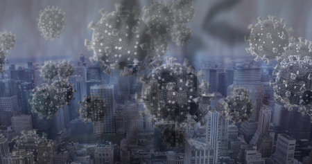 Hovering cluster of translucent virus particles looming over downtown skyline, showing viral threat. Urban, modern, dystopian, science, innovation, futuristic, hazardousの写真素材