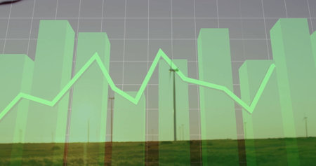 Displaying translucent green bar chart overlaying line on grassy plain with grid and wind turbines. Data analytics, renewable energy, sustainability, environmental, abstract, technology, eco-friendlyの写真素材