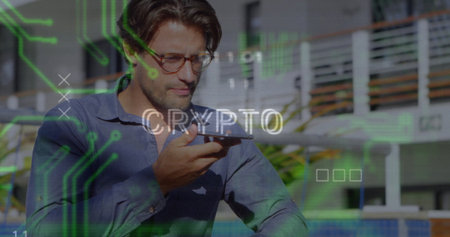 Speaking man with glasses and blue shirt on outdoor terrace, with smartphone and crypto graphics....