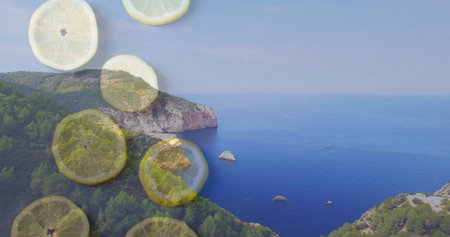 Overlaying translucent lemon slices forming double exposure at bay, with rocky shoreline and pines. Seascape, double exposure, botanical, natural, layered, scenic, tranquilの写真素材