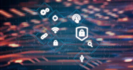 Floating white security icons clustering above tech background, with shield padlock USB plug Wi-Fi....