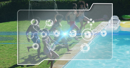 Preparing six friends wearing swimwear jumping into home pool, with pool inflatables and UI overlay. Recreation, leisure, futuristic, summer, technology, community, vibrantの写真素材
