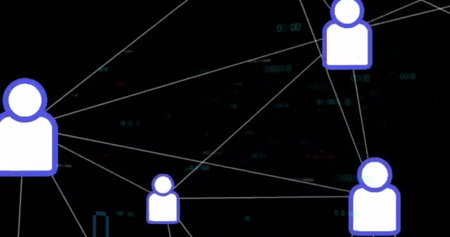 Displaying large white user icon mapping network connections in virtual space with code, copy space....