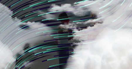 Walking women silhouettes in dark abstract space, with neon teal-purple streaks and white fog. Mysterious, futuristic, vibrant, cinematic, motion, digitalart, abstractの写真素材