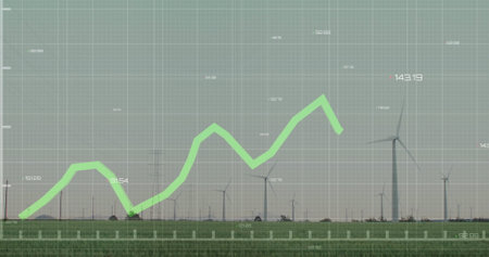 Displaying bright green line graph fluctuating over grassy field with wind turbines, grid. Renewable energy, sustainability, ecological, technology, innovation, environment, clean powerの写真素材