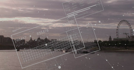 Overlaying translucent digital interface on River Thames at dusk showing boats, skyline, London Eye....