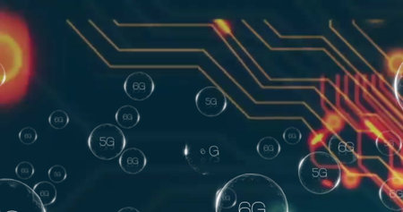 Drifting large 6G bubble through network with 5G spheres, glowing circuits, illuminated nodes. Futuristic, digital, connectivity, technology, innovation, cyber, abstractの写真素材