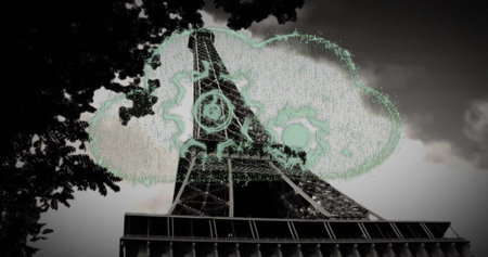 Showing Eiffel Tower rising in Paris skyline framed by branches, with neon cloud, gears  and  circuits. Architecture, urban, technology, futurism, silhouette, skyline, innovationの写真素材