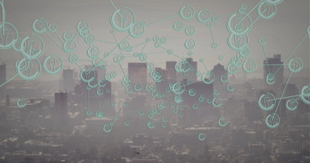Displaying digital network overlay floating over metropolitan skyline, with teal human icon nodes....