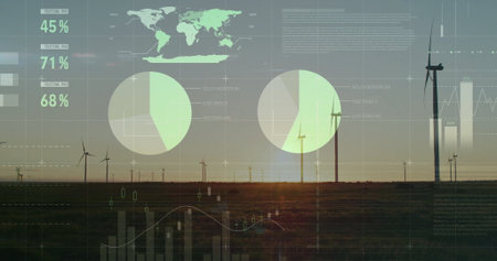 Turbine spinning on wind farm at dusk, world map, pie charts, percentage labels, charts, copy space. Renewable, sustainability, technology, analysis, environmental, energy, modernの写真素材