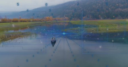 Drifting lone man in wooden rowboat exploring scenic lake valley, with futuristic digital overlay....
