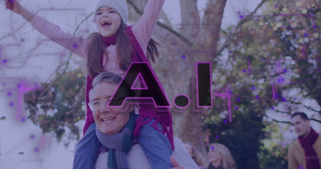 Walking family on park path, man carrying child wearing white knit hat reaching arms overhead. Families, outdoor, seasonal, leisure, bonding, lifestyle, natureの写真素材