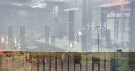 Displaying bar graphs, candlestick and line graph overlaying meadow with wind turbines and columns. Sustainability, renewable energy, digital analytics, ecological, futurism, corporate, environmentalの写真素材