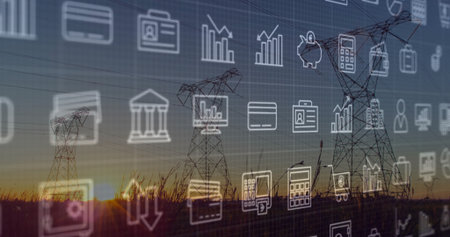 Towering trio of high-voltage towers standing in rural sunset field, showing financial or data icons. Energy, infrastructure, technology, sustainability, innovation, landscape, digitalの写真素材