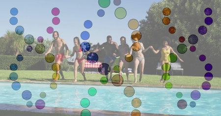 Running group of six friends wearing swimsuits at pool deck in garden, with checkered picnic table....