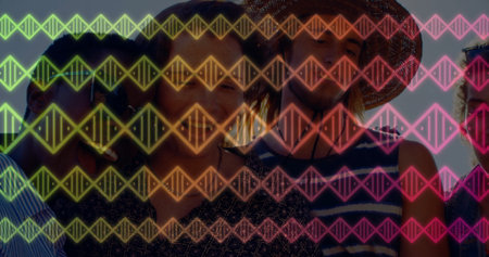 Smiling five friends posing in park under clear sky, with neon DNA double-helix overlays, straw hat. Friends, outdoor, neon, digital, vibrant, casual, connectionの写真素材