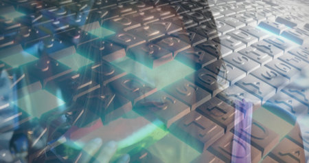 Biting woman in purple top in double exposure with keyboard keys, glowing aqua squares, melon slice. Futuristic, vibrant, layered, abstract, digital, lifestyle, innovationの写真素材